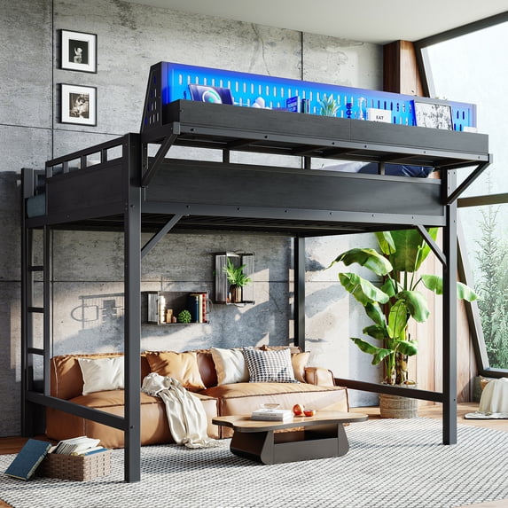 Harper & Bright Designs Queen Loft Bed with Storage Shelves and Pegboard, Metal Loft Bed Frame with USB and LED Lights, High Loft Bed with Guardrail and Ladder for Boys Girls, Black
