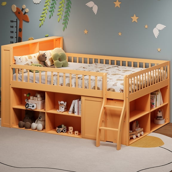 Harper & Bright Designs Queen Low Loft Bed with Storage & LED Headboard, Wood Loft Bed with Storage Bookcase, Shelves and Guardrails, Natural
