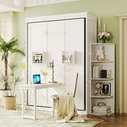 Harper & Bright Designs Queen Murphy Bed with Rotating Frame and Convertible Desk, Foldable Wall Bed Frame with Shelves, Hidden Murphy Bed Cabinet with Extra Storage Racks, White
