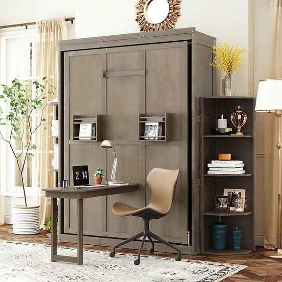 Harper & Bright Designs Queen Murphy Bed with Rotating Frame and Convertible Desk, Foldable Wall Bed Frame with Shelves, Hidden Murphy Bed Cabinet with Extra Storage Racks, Gray