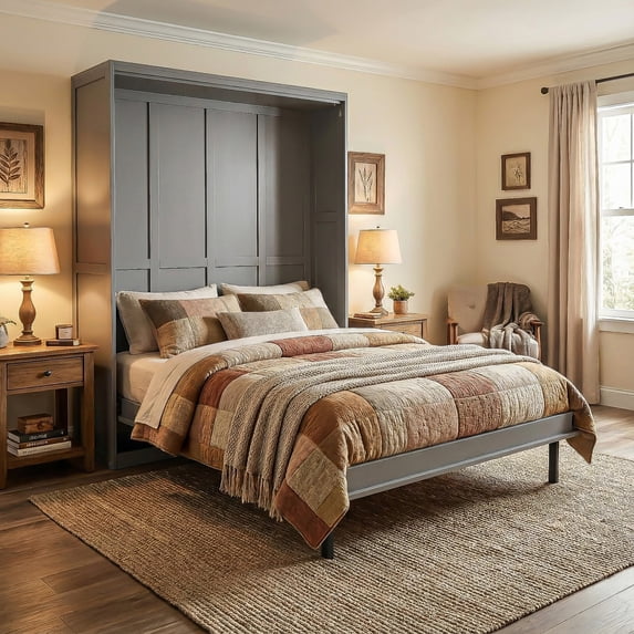 Harper & Bright Designs Queen Murphy Bed with Rotating Frame, Storage Shelves, Foldable Wall Bed Frame with Bookcase, Hidden Murphy Bed Cabinet for Home Office, Guest Room, Gray
