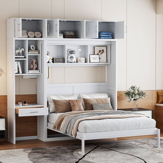 Harper & Bright Designs Queen Murphy Bed Wall Bed with Cabinet, Queen Size Cabinet Bed Folding Wall Bed with Storage Shelves and Desk for Guest Room Office, White
