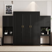 Harper & Bright Designs Queen Murphy Bed Wall Bed with Cabinets, Wood Queen Size Cabinet Bed Folding Wall Bed with Desk and Vanity for Guest Room Office, Espresso