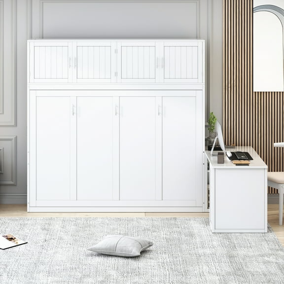 Harper & Bright Designs Queen Murphy Bed Wall Bed with Desk, Wood Queen Size Cabinet Bed Folding Wall Bed with Storage Shelves and Cabinets for Guest Room Office, White