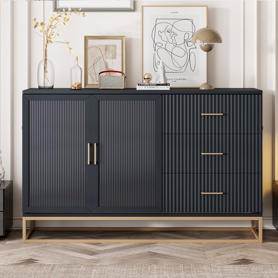 Harper & Bright Designs Queen Murphy Bed Wall Bed with Gold Leg, Queen Size Cabinet Bed Folding Wall Bed with Frosted Glass Doors Design and Fake Drawers, Black
