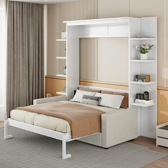 Harper & Bright Designs Queen Murphy Bed Wall Bed with Sofa, Queen Size Cabinet Bed Folding Wall Bed with Bookshelf and Shelves for Guest Room Office, White