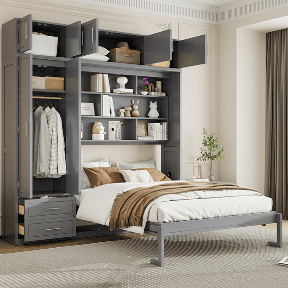 Harper & Bright Designs Queen Murphy Bed Wall Bed with Wardrobe, Queen Size Cabinet Bed Folding Wall Bed with Storage Cabinet and Shelves for Guest Room Office, Gray