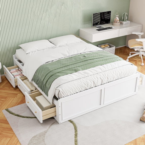 Harper & Bright Designs Queen Platform Beds with 6 Storage Drawers, Rustic Wood Queen Size Platform Bed Frame without Headboard, White