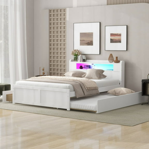 Harper & Bright Designs Queen Size Bed Frame with Storage Headboard & Led, Wooden Platform Bed with 2 Drawers and Trundle Bed, White