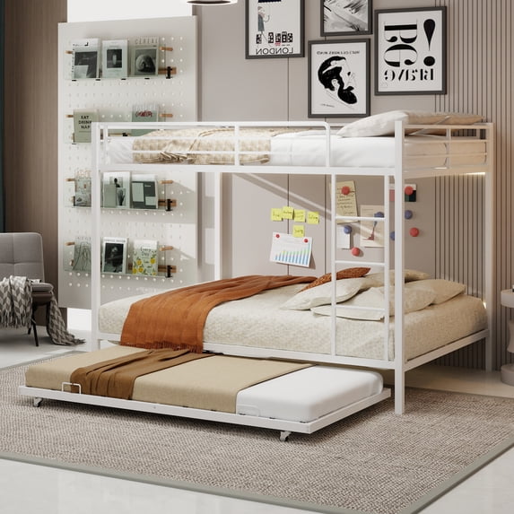 Harper & Bright Designs Queen Size Bunk Bed with Trundle, Queen Over Queen Heavy-duty Metal Bunk Bed Frame with Ladder and Safety Rails for Bedroom, White