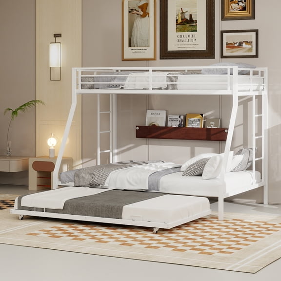 Harper & Bright Designs Queen Size Bunk Bed with Trundle, Queen Over Queen Metal Bunk Bed Frame with Ladder and Safety Rails for Bedroom, White
