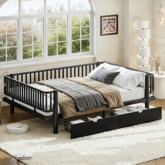 Harper & Bright Designs Queen Size Daybed with Storage Drawers, Metal Sofa Bed Frame with Reinforced Round-Pipe Design for Bedroom Guest Room, Black