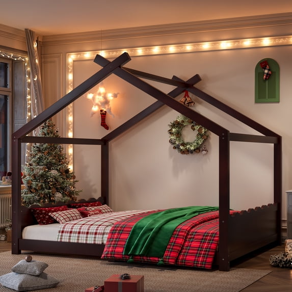 Harper & Bright Designs Queen Size Floor Bed with Support Slats, Wood House Bed with Headboard and Footboard for Boys and Girls, Espresso