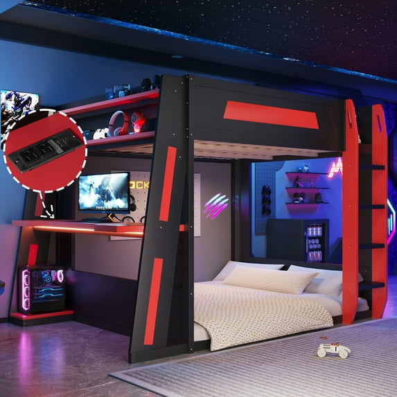 Harper & Bright Designs Queen Size Gaming Loft Bed with Desk & LED Lights, Queen Wood Loft Bed Frame with Two Storage Shelves, Black+Red