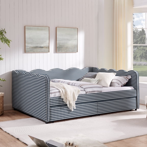Harper & Bright Designs Queen Size Gingham Daybed with Storage Drawers, Linen Sofa Bed Frame with USB Port for Living Room and Bedroom, Navy