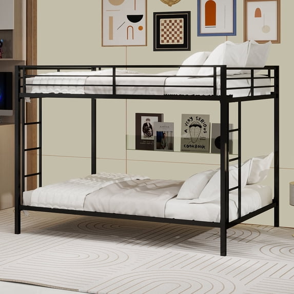 Harper & Bright Designs Queen Size Iron Bunk Bed with Ladder, Queen Over Queen Metal Bunk Bed Frame with Safety Rails for Bedroom, Black
