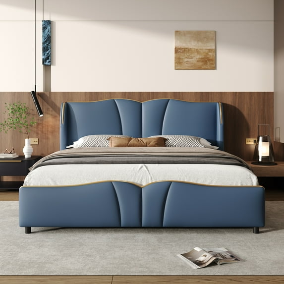 Harper & Bright Designs Queen Size Leather Platform frame with Wingback Headboard & Wavy Footboard, PU Upholstered Bedframe with Solid Wooden Slats Support, Antique Blue