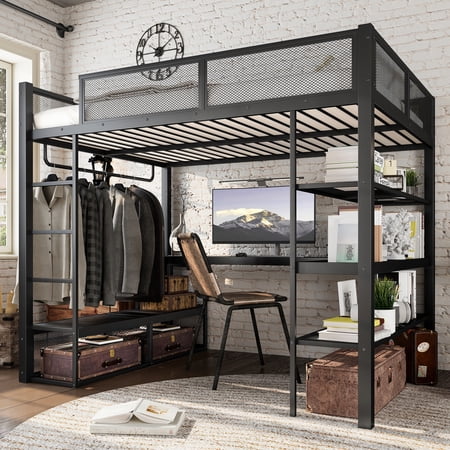 Harper & Bright Designs Queen Size Loft Bed with Desk and Storage Shelves, Metal Loft Bed Frame with Clothes Hanging Rod, Black