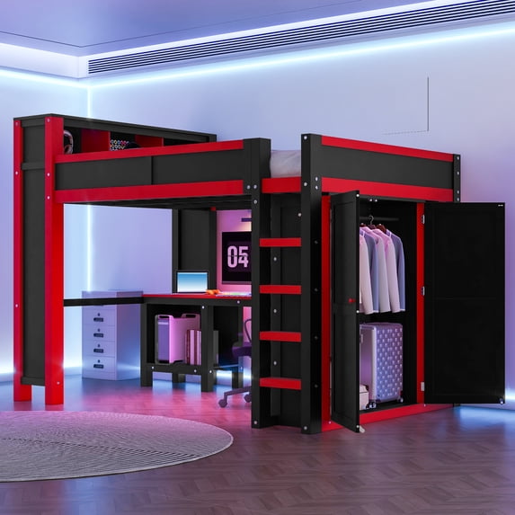 Harper & Bright Designs Queen Size Loft Bed with Wardrobe and Desk, Queen Solid Wood Loft Bed with Storage Shelves USB Charging Station, Black+Red