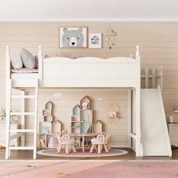 Harper & Bright Designs Queen Size Loft Bed with Wardrobe and Storage Shelves, Solid Wood Loft Bed Frame with Detachable Slide and Ladders, Beige
