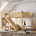 thumbnail image 1 of Harper & Bright Designs Queen Size Loft Bed with Wardrobe and Storage Shelves, Solid Wood Loft Bed Frame with Detachable Slide and Ladders, Natural, 1 of 12