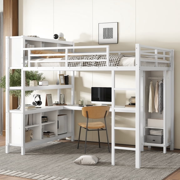 Harper & Bright Designs Queen Size Metal Loft Bed with Wardrobe And L-shaped Desk, Heavy-duty Loft Bed with Storage Cubes and Shelves, Off White