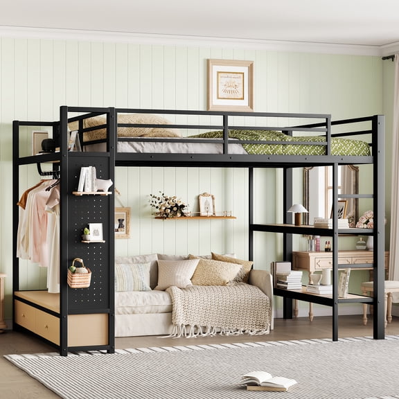 Harper & Bright Designs Queen Size Metal Loft Bed with Wardrobe, Loft Bed Frame with Storage Shelves and Pegboard, Black