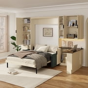 Harper & Bright Designs Queen Size Murphy Bed with Hydraulic Storage, Sofa, Wooden Queen Cabinet Bed Wall Bed with Shelves & Drawer, Folding Wall Chest Bed with LED/USB Lighting, Beige
