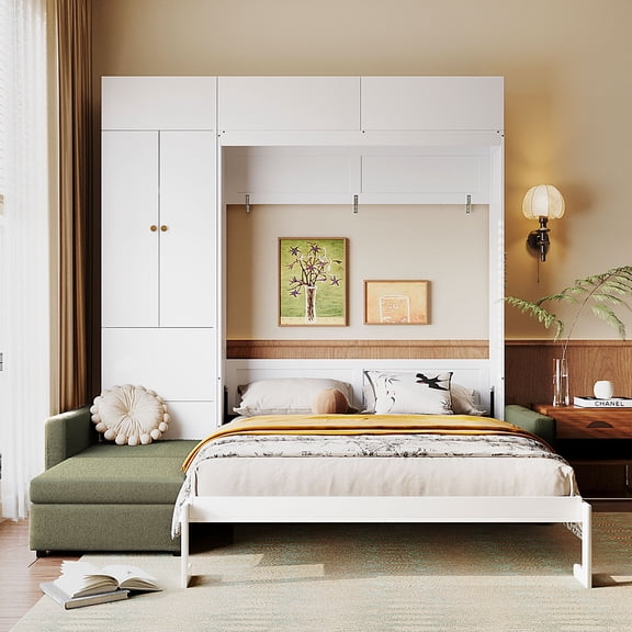Harper & Bright Designs Queen Size Murphy Bed with Sofa and Cabinet, Wooden Queen Cabinet Bed Wall Bed with Shelves, Folding Wall Chest Bed for Guest Room Office, White
