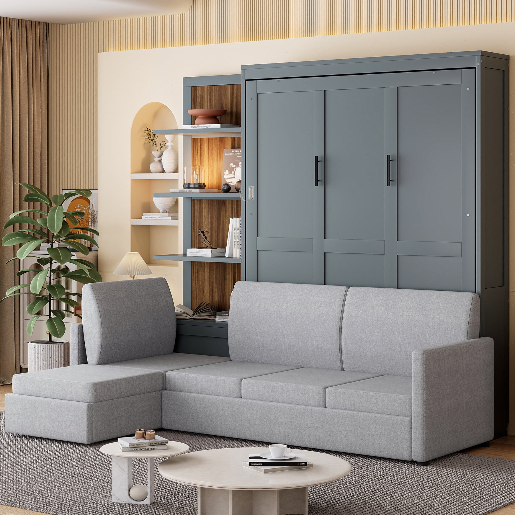 Harper & Bright Designs Queen Size Murphy Bed, Wooden Queen Murphy Bed Frame with Shelves, Wall Bed with L-Shape Sofa, Gray