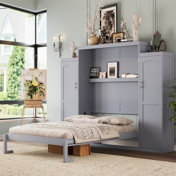 Harper & Bright Designs Queen Size Murphy Bed, Wooden Queen Wall Bed with 2 Wardrobe and Storage Shelf, Foldable Platform Bedframe for Guest Room, Gray