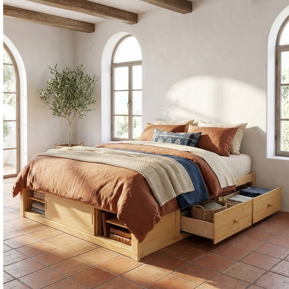 Harper & Bright Designs Queen Size Platform Bed with 4 Storage Drawers and Footboard Storage Cubby, Simple Bed Frame No Headboard for Bedroom, Natural
