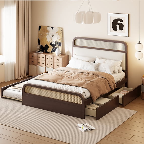 Harper & Bright Designs Queen Size Platform Bed Frame with Trundle and 2 Drawers, Wood Bed Frame with Padded Headboard, Espresso