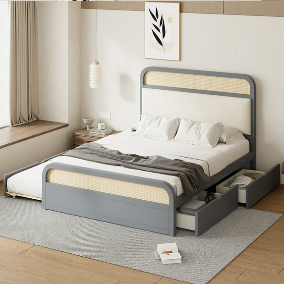Harper & Bright Designs Queen Size Platform Bed Frame with Trundle and 2 Drawers, Wood Bed Frame with Padded Headboard, Gray