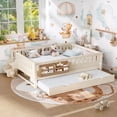 thumbnail image 1 of Harper & Bright Designs Queen Size Platform Bed with Trundle and Small Staircase, Solid Wood Platform Bed Frame with Guardrails and Bookshelves for Boys and Girls, Beige, 1 of 11