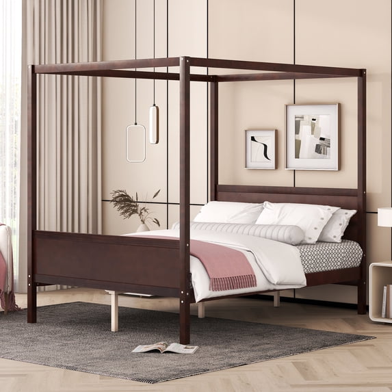 Harper & Bright Designs Queen Size Platform Bed with 4 Canopy Columns, Wood Canopy Platform Bed Frame with Headboard and Footboard, Espresso