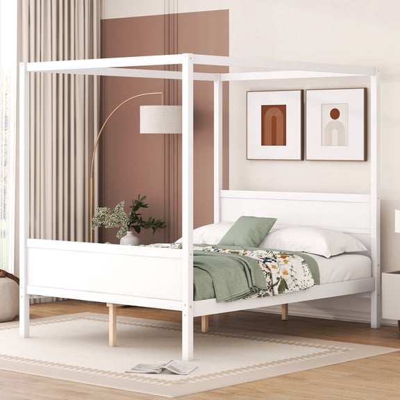 Harper & Bright Designs Queen Size Platform Bed with 4 Canopy Columns, Wood Canopy Platform Bed Frame with Headboard and Footboard, White