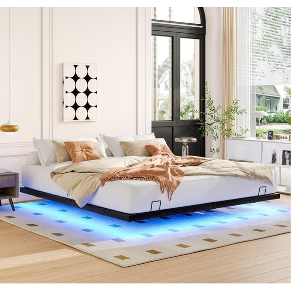Harper & Bright Designs Queen Size Platform Bed with LED Lights, Metal Floating Bed Frame, Black