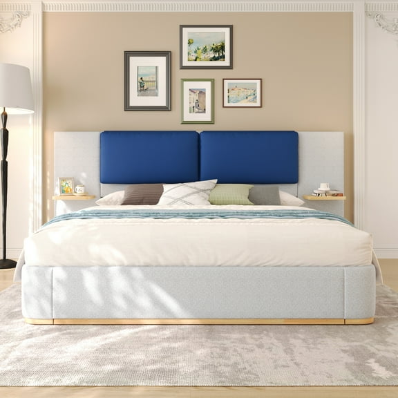 Harper & Bright Designs Queen Size Platform Bed with Upholstered Headboard, Queen Wooden Bedframe with Anti-Collision Soft Rounded Corners, Blue+Grey