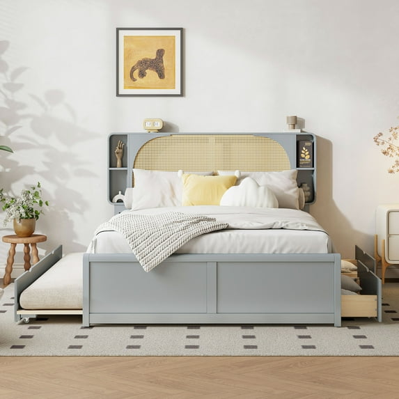 Harper & Bright Designs Queen Size Rattan Platform Bed Frame with Headboard & Trundle, Wood Bed Frame with Shelves and Drawers, Gray