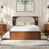 Harper & Bright Designs Queen Size Rattan Platform Bed Frame with Headboard & Trundle, Wood Bed Frame with Shelves and Drawers, Walnut