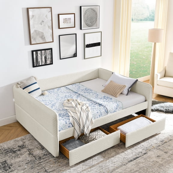 Harper & Bright Designs Queen Size Upholstered Daybed with Storage Drawers, Boucle Sofa Bed Frame for Living Room and Bedroom, Beige
