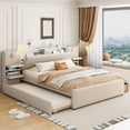 thumbnail image 1 of Harper & Bright Designs Queen Size Upholstered Platform Bed with Large Ultra-Soft Headboard and Reading Lights, Linen Platform Bed Frame with Drawers, Trundle and Shelves, Beige, 1 of 16