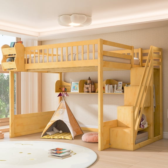 Harper & Bright Designs Queen Size Wooden Loft Bed with Staircase and Wardrobe, High Bunk Bed with Under-Bed Space and Convenient Storage Open Shelves for Boys Girls Bedroom, Natural