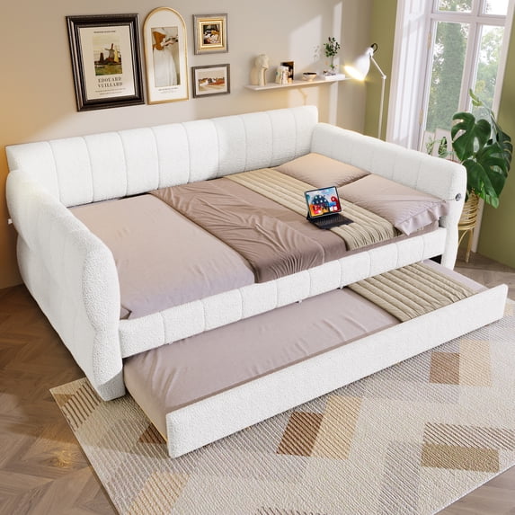 Harper & Bright Designs Queen Upholstered Daybed Sofa Bed with Trundle, Lambswool Platform Bed Queen Size with USB for Living Room Bedroom, White