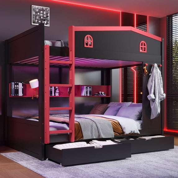Harper and Bright Designs Queen over Queen Bunk Bed with Drawers and Shelves, Solid Wood, Black and Red