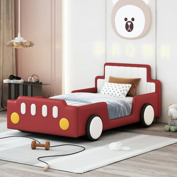 Harper & Bright Designs Race Car-Shaped Bed Frame with Wheels, Twin Size PU Leather Wooden Twin Platform Bed for Girls Boys Bedroom, Red