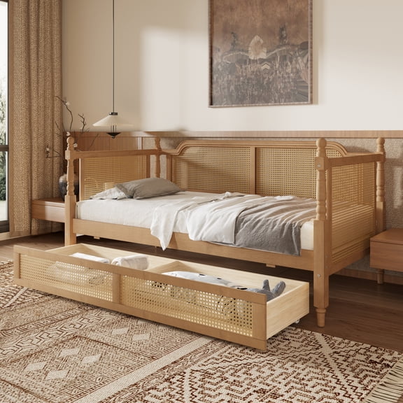 Harper & Bright Designs Rattan Daybed Full Size Daybed with 2 Drawes, Retro Mid Century Daybed Frame for Guest Room Bedroom, Walnut