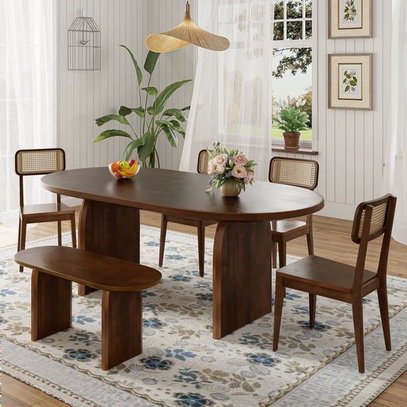 Harper & Bright Designs Rattan Dining Table Set with Bench, 6 Pieces Oval Wood Kitchen Table Chairs Set, Modern Dining Room Furniture Set, Brown