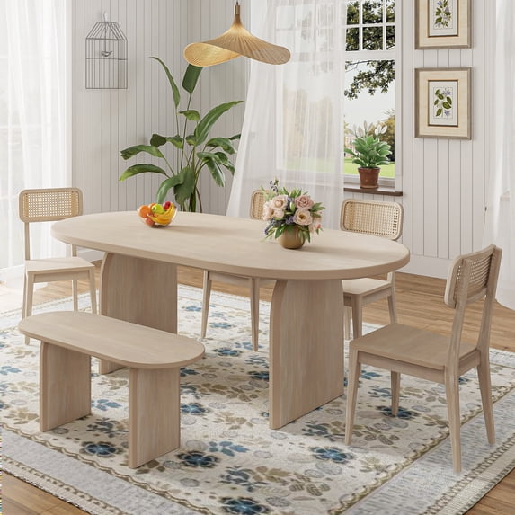 Harper & Bright Designs Rattan Dining Table Set with Bench, 6 Pieces Oval Wood Kitchen Table Chairs Set, Modern Dining Room Furniture Set, Natural